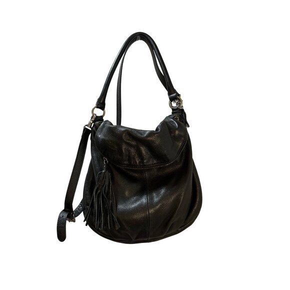 Margot Black Leather Hobo Bag With Tassel Accent & Adjustable Strap - Picture 1 of 15